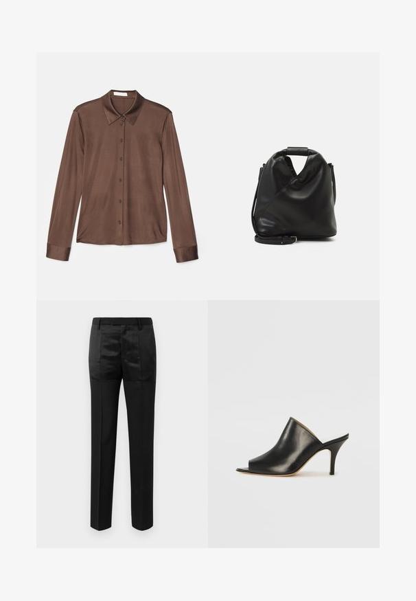 Brown long-sleeve shirt featuring a classic collar, button closure, and smooth fabric with a slight sheen. Cuffs are also brown and tailored.; Black tailored trousers with straight legs and a waistband with belt loops, featuring a mix of matte and shiny fabric panels.; Black leather open-toe mule with a sleek, curved design, high stiletto heel, and smooth texture. The interior features a contrasting light color.; Black, soft leather bag with a unique twisted design. Features a short handle and a detachable shoulder strap. Minimalist style.