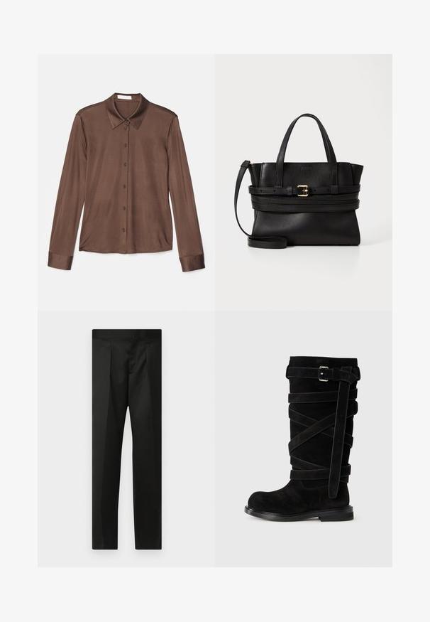 Pruun pikka varrukaga särk, mis sisaldab klassikalist kraed, nööbikinnitust ning sileda kangast, millel on kerge läige. Mansetid on samuti pruunid ja vormitud.; Mustad püksid, millel on sile kangas, täpselt valmistatud disain, sirged sääred ja lame vöökoht, ilma nähtavate kinnituste või taskuteta.; Mustadest sametist põlvekõrgused saapad, millel on ristikujulised rihmad ja külgklamber. Lame tald ja ümar varvas rõhutavad struktureeritud kujundust.; Mustmust leatherist kott, millel on struktureeritud disain, kahekordne ülemine käepide, eemaldatav rihm ja kuldne pandlaaksent horisontaalsel ribal.