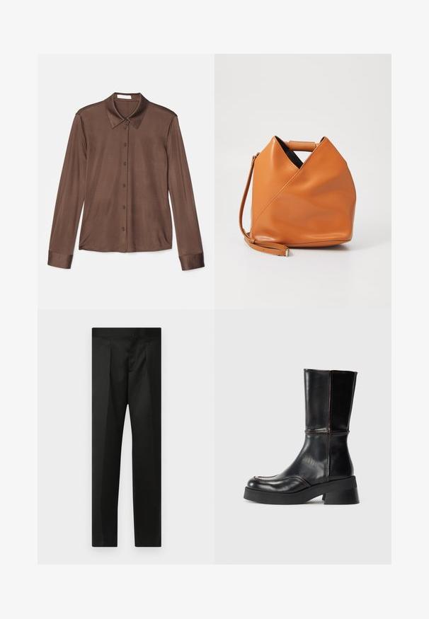 Braunes Langarmhemd mit klassischem Kragen, Knopfleiste und glattem Stoff mit leichtem Glanz. Auch die Manschetten sind braun und tailliert.; Schwarze Hose aus glattem Stoff, maßgeschneidertem Design, mit geraden Beinen und einem flachen Bund ohne sichtbare Verschlüsse oder Taschen.; Schwarze Lederstiefelette mit Blockabsatz, mit kontrastierendem Stich und einer geschwungenen Zehenform. Glatte Textur, eleganter Silhouette.; Braune Lederhandtasche mit einzigartigem dreieckigem Faltendesign, Obergriff und abnehmbarem Schultergurt auf weißem Hintergrund.