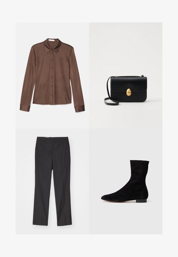 Brūns garām piedurknēm krekls ar klasisku apkakli, pogu aizdari un gludu audumu ar nelielu spīdumu. Piedurkņu gali ir arī brūni un veidoti.; Melnas pielāgotas bikses ar taisnu kāju dizainu, ar jostu cilpām un vienmērīgu tekstūru, izgatavotas no viegla auduma.; Melnas zamšādas potīšu zābaki ar piegulošu kāju daļu, smailu purngalu un zemu bloku papēdi. Gluda tekstūra un minimālistisks dizains, piemērots dažādai stilizācijai.; Melnas ādas rokassomu ar strukturētu taisnstūra formu. Iespējas zelta ovāla slēdzis un plāns plecu siksna. Gluda tekstūra.