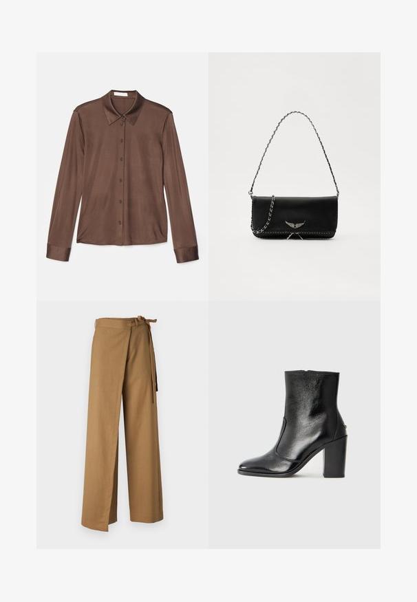 Brown long-sleeve shirt featuring a classic collar, button closure, and smooth fabric with a slight sheen. Cuffs are also brown and tailored.; Light brown wide-leg pants made of a textured fabric. Features a tied waistband and side slits for added detail.; Black leather ankle boot with a smooth texture, pointed toe, and a chunky high heel. Features a side opening and minimalistic design.; Black leather handbag with a silver chain strap, featuring decorative wing accents and white stitching along the bottom seam.