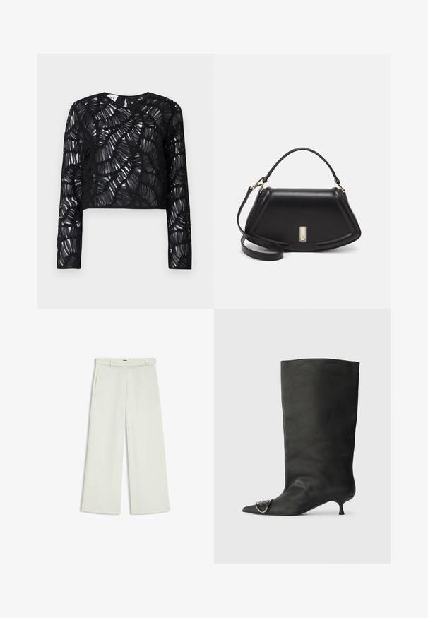 Black, long-sleeved crop top with a sheer, textured design featuring layered, wavy patterns and a round neckline.; Wide-leg pants in light cream fabric, featuring side pockets, a flat front, and a single button closure at the waist. Smooth texture.; Black leather ankle boot with a pointed toe, small heel, and metallic accent detail on the toe. Smooth, matte texture throughout.; Black leather handbag with a structured design, featuring a cropped shape, top handle, and gold hardware accent. Adjustable shoulder strap included.