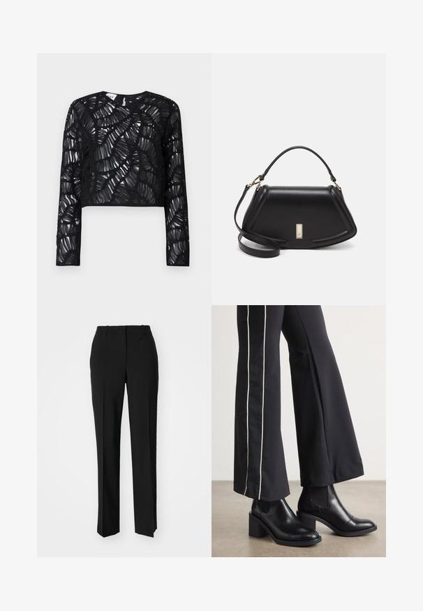 Cămașă scurtă, neagră, cu mâneci lungi, având un design transparent, texturat, cu modele ondulate stratificate și un guler rotund.; Pantaloni negri tailor-ed cu un design drept, având o textură fină și cute clare pe față. Fără elemente de prindere vizibile.; Bocanci de piele negri până la gleznă, cu toc pătrat, având panouri elastice pe laterale. Asortați cu pantaloni negri care au o dungi albă pe lateral.; Geantă de umăr din piele neagră, cu un design structurat, având o formă tăiată, mânere superioare și accente din aur. Include o curea de umăr ajustabilă.
