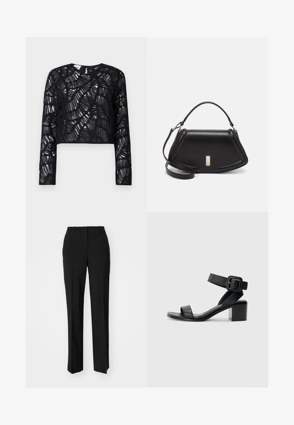 Crop top nero a maniche lunghe con un design trasparente e texturizzato caratterizzato da motivi ondulati sovrapposti e scollatura rotonda.; Pantaloni neri su misura con un design a gamba dritta, caratterizzati da una texture liscia e pieghe ben definite sul davanti. Senza hardware visibile.; Sandalo con tacco in pelle nera, con cinturino alla caviglia regolabile, design open toe e tacco quadrato. Texture liscia, stile minimalista.; Borsa a mano in pelle nera con un design strutturato, caratterizzata da una forma corta, manico superiore e accessori in metallo dorato. Inclusa tracolla regolabile.