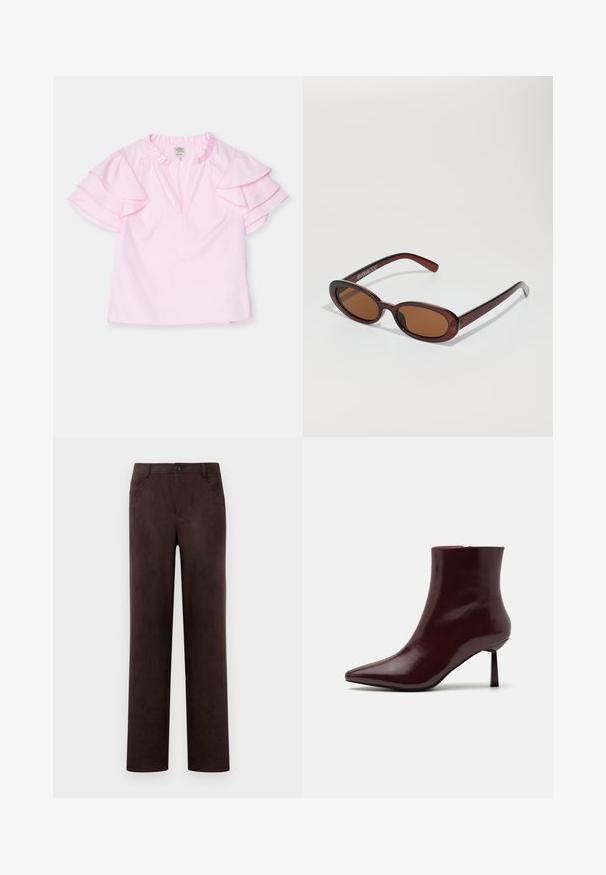 Baum und Pferdgarten MADINA - Blůza - pink; Kalhoty z tmavohnědého semiše s rovnými nohavicemi, předním zapínáním na knoflík a zip, poutky na opasek a bočními kapsami.; Burgundské lakované kozačky po kotníky se špičatou špičkou a štíhlým jehlovým podpatkem, s hladkou, lesklou texturou a minimalistickým designem.; Kulaté sluneční brýle hnědé barvy s lesklým burgundským rámem. Úzké nožičky s jemným logem. Rovné čočky.; Tkaná bordó kabelka s kulatým tvarem a jedním uchopem, která má texturovaný povrch a elastické stahovací šňůrky.
