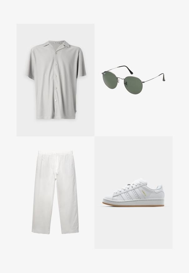 Kortärmad, ljusgrå knappblus i ribbad kvalitet, med avslappnad passform, krage och fem metallknappar fram.; Vit bomullströja med korta ärmar, rundad halsringning och en avslappnad passform. Slät textur utan synliga mönster eller detaljer.; Vita linnebyxor med elastisk midja och dragsko, bred bendesign och rena sömmar. Slät textur med avslappnad passform.; Vit sneaker med perforerad tre-randig design, texturerade detaljer, gummisula och "CAMPUS"-logotyp i guld på sidan.; Metallinramade solglasögon med ovala gröna linser. Tunn silvermetallram och svarta öronpluggar. Minimalistisk design, inga synliga logotyper.