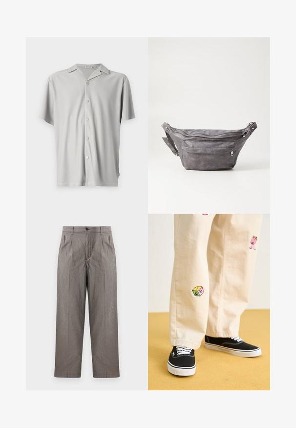Chemise à manches courtes, de couleur gris clair, en tissu côtelé, avec une coupe décontractée, un col et cinq boutons métalliques sur le devant.; Pantalon en motif pied-de-poule gris avec une coupe droite, doté de plis, d'une taille avec fermeture à bouton et de poches latérales.; Pantalon en coton beige avec des motifs brodés ludiques, incluant un personnage rose et un bloc de couleur, associé à des baskets noires à lacets.; Sac banane en suède gris avec une forme arrondie, deux compartiments zippés et une sangle réglable. Comprend des accents en métal.