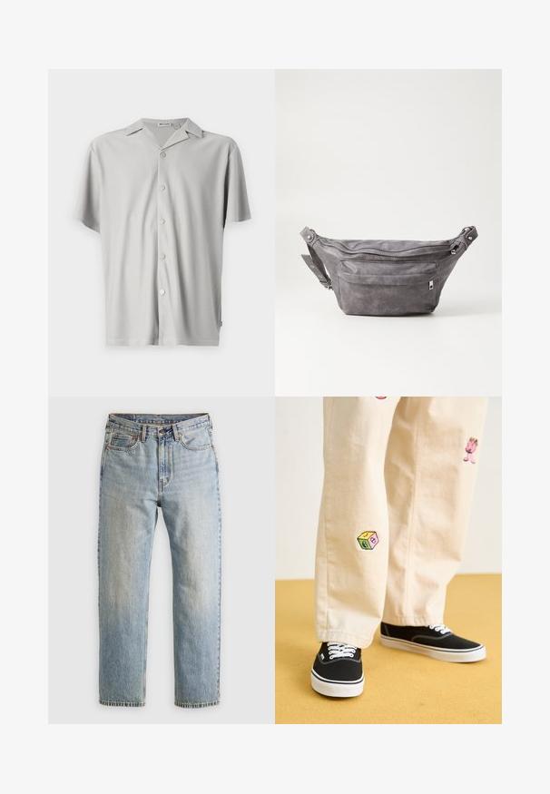 Cămașă cu mâneci scurte, de culoare gri deschis, confecționată din material striat, având un croi lejer, guler și cinci nasturi metallici pe față.; Jeans din denim de culoare albastru deschis, cu talie înaltă, nasture frontal, fermoar și design cu cinci buzunare, așezate platesc pe un fundal neutru.; Pantaloni din bumbac bej cu modele brodate jucăușe, inclusiv un personaj roz și un bloc colorat, asortați cu teniși negri cu șireturi.; Borseta gri din suede, cu o formă rotunjită, două compartimente cu fermoar și curea ajustabilă. Are accente din metal.