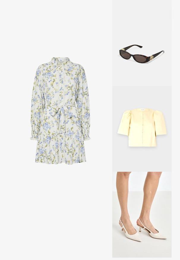 Blusa corta gialla con maniche a sbuffo corte, scollatura rotonda e chiusura frontale. Texture liscia e design minimalista.; Vestito floreale bianco con fiori blu e verdi, caratterizzato da un colletto, apertura frontale con bottoni, maniche lunghe con polsini elastici e una cintura in vita.; Tacchi slingback in pelle lucida beige con punta affusolata e tacco di 5 cm, caratterizzati da lati traforati e una sottile fascia alla caviglia.; Occhiali da sole tartarugati con lenti ovali allungate, tonalità marrone, accenti dorati con logo sulle tempie e aste nere eleganti.; Borsa a tracolla beige con un motivo stampato, forma curvata, dettagli in pelle e un logo dorato sul davanti. Presenta una maniglia corta per un facile trasporto.; Collana di perle e cristalli con un design rotondo a perline in tonalità tenui, caratterizzata da perle alternate e accenti scintillanti, indossata attorno al collo.