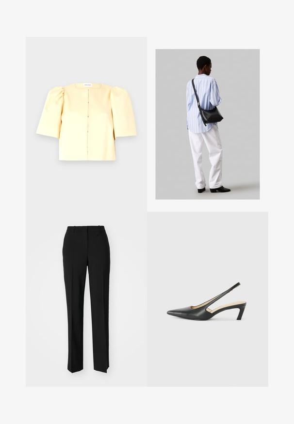 Sárga, rövid ujjas puffos blúz, kerek nyakkivágással és elöl gombos záródással. Simább textúra és minimalista design.; Fekete, testhezálló nadrág egyenes szárú kivitelben, sima textúrával és éles redőkkel az elején. Nincs látható fémalkatrész.; Fekete, hegyes orrú, slingback cipő alacsony sarkával, sima bőrből készült, oldalt kivágott deisgnal a légáteresztőképesség érdekében.; Fekete bőr válltáska puha tapintással, háromszög alakú, állítható pánttal, világoskék csíkos inggel és fehér nadrággal párosítva.