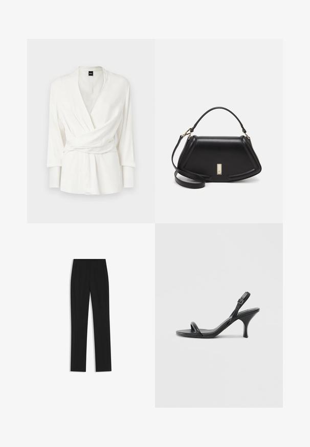 White wrap blouse with long sleeves, v-neckline, and a belt detail at the waist. Made from a smooth, draping fabric.; Black tailored trousers with a straight-leg design, featuring front pockets and a smooth, textured fabric. Neat, minimal detailing.; Black leather high-heeled sandals with a slim, curved heel and a crossed strap design. Adjustable ankle strap. Smooth texture.; Black leather handbag with a structured design, featuring a cropped shape, top handle, and gold hardware accent. Adjustable shoulder strap included.
