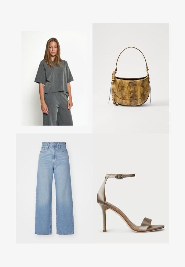 Camiseta gris corta con cuello redondo, mangas cortas y un tejido texturizado que presenta manchas blancas dispersas. Combinada con pantalones holgados a juego.; Jeans de tiro alto y pernera ancha en azul claro, con cierre frontal de botón y cremallera, y bolsillos delantero y trasero, sobre un fondo blanco.; Sandal de tacón alto de satén en plata con tira en el tobillo, que presenta una hebilla decorativa. Punta abierta y diseño delgado y elegante.; Vanessa Bruno MINI DAILY BAG - Bandolera - camel