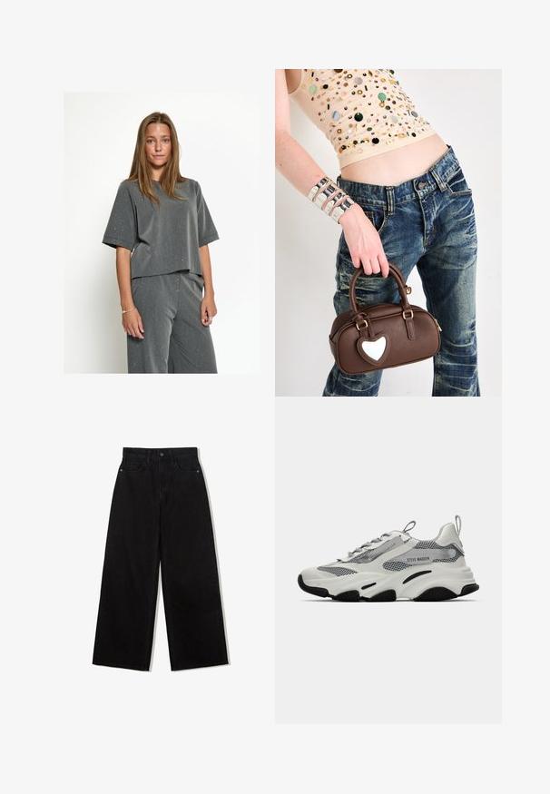 Grijze cropped t-shirt met een ronde halslijn, korte mouwen en een textuurstof met verspreide witte stippen. Gecombineerd met bijpassende losse broek.; Zwarte, wijde spijkerbroek van denim met een hoge taille, voorzien van een vijf-pocket ontwerp en een enkele knoopsluiting aan de voorkant.; Witte sport sneakers met mesh panelen, grijze accenten en zwarte rubberen zolen. Voorzien van veters, een trekband en merkaanduiding.; Bruine leren handtas met een hartvormige accent, ronde vorm, gouden hardware, vastgehouden door een hand; gecombineerd met versleten denim en een geïgde top.