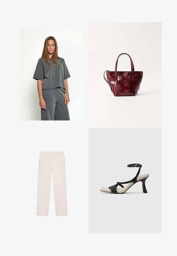 Grijze cropped t-shirt met een ronde halslijn, korte mouwen en een textuurstof met verspreide witte stippen. Gecombineerd met bijpassende losse broek.; Off-white rechte pijpenbroek met riemlussen, zijzakken en een verstopte sluiting aan de voorkant.; Zwarte hoge hak sandaal met een gevlochten bandontwerp, vierkante teen en verstelbare enkelband. Lichtbeige voetbed met een glanzende zwarte hak.; Geweven bordeaux leren tote bag met twee korte handvatten en een afneembare schouderriem. Heeft een gestructureerde vorm en een gladde textuur.