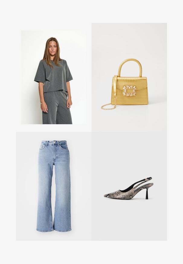 Gray cropped t-shirt with a round neckline, short sleeves, and a textured fabric featuring scattered white specks. Paired with matching loose pants.; Light blue high-waist wide-leg jeans with front and back pockets, button closure, and subtle fading on the thighs and hems.; Pointed-toe slingback shoes made of textured snake print material, featuring a slender black heel and a cutout design on the sides.; Yellow faux-crocodile handbag with a structured design, top handle, detachable chain strap, and decorative crystal embellishment on the clasp.