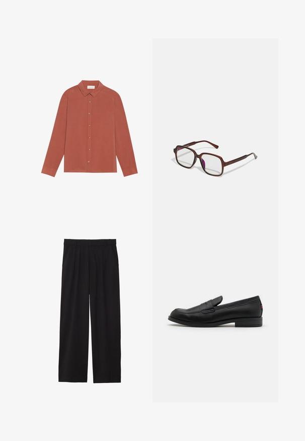 Chemise à manches longues couleur rouille avec col, fermeture à boutons et poignets plats. Texture lisse et lignes épurées ; sans motifs ni ornementations.; Pantalons larges noirs avec un devant plissé, des poches latérales et une texture de tissu lisse. Conçus pour un ajustement décontracté.; Mocassins en cuir noir avec une finition lisse, un bout arrondi et une petite flèche décorative. Dotés d'un petit talon empilé et d'un détail de marque subtil.; Lunettes rectangulaires marron avec des verres transparents et des nuances violacées. Monture en plastique lisse avec des branches droites et des accents subtils.; Sac en cuir marron de style messager avec un rabat plat à l'avant, deux sangles, des accents en métal doré et une bandoulière adjustable.