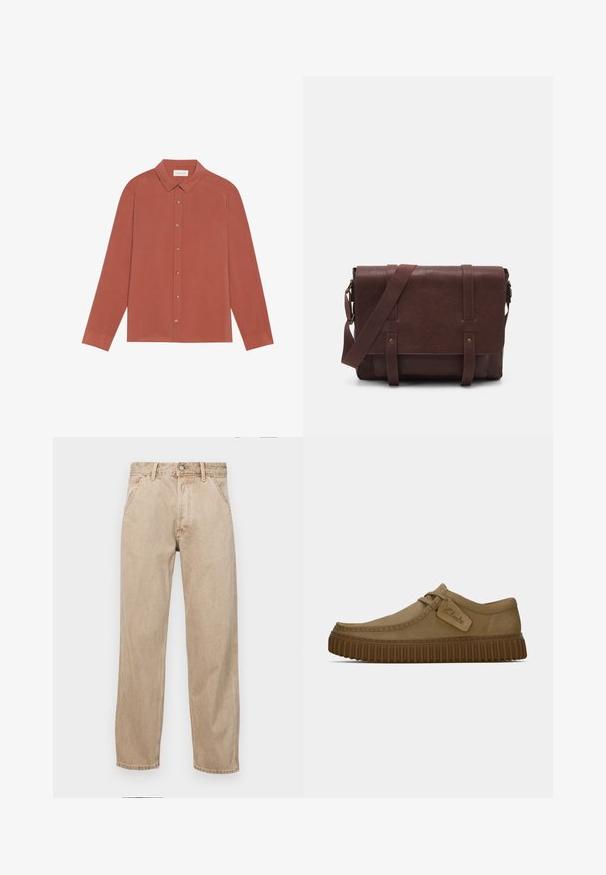 Rūsas krāsas garās piedurknes krekls ar apkakli, pogām aizdare un plakanajiem aproču galiem. Gluda tekstūra un tīras līnijas; bez rakstiem vai rotājumiem.; Beige džinsi ar taisnu kāju dizainu, ar priekšējiem kabatām, metāla pogu aizdari un smalku faktūru.; Gai brūni zamša apavi ar noapaļotu purngalu, šuvju detaļām un ribotu brūnu gumijas zoli. Satur sānu uzlīmi ar "Clarks" logotipu.; Brūns ādas sūtījumu soma ar plakanu priekšējo atloku, divām siksnām, zelta metāla detaļām un regulējamu plecu siksnu.