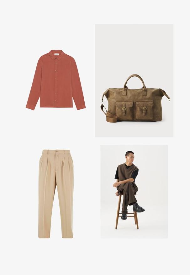 Rjav kos z dolgimi rokavi s ovratnikom, zapiranjem na gumb in ravnimi manšeti. Gladko teksturo in čiste linije; brez vzorcev ali okraskov.; Bež hlače s plišem in ravnim krojem, izdelane iz gladkega blaga, z gumbnim zapiranjem in zankami za pas na pasu.; Rjav pleteni brezrokavnik čez črn majico, v kombinaciji z rjavimi širokimi hlačami in črnimi masivnimi čevlji, sedeč na lesenem stolčku.; Rjav usnjen potovalni kovček z dvema sprednjima žepoma, nastavljivim ramenskim trakom, zlatim okovjem in trdnimi zgornjimi ročaji. Gladka tekstura.