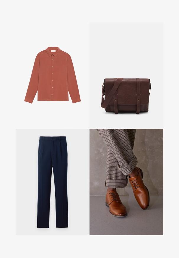 Rust-colored long-sleeve shirt with a collar, button closure, and flat cuffs. Smooth texture and clean lines; no patterns or embellishments.; Navy blue trousers made of smooth fabric, featuring a single button closure, pleats, and straight legs. Minimalist design with no notable patterns.; Brown leather shoes feature a rounded toe, five eyelet lace-up design, and contrasting dark laces. Pants are plaid, rolled at the cuffs.; Brown leather messenger bag with a flat front flap, two straps, gold hardware accents, and an adjustable shoulder strap.