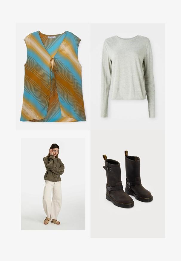 Top senza maniche multicolore in blu, marrone e crema con strisce ondulate. Presenta una scollatura a V e un dettaglio con fiocco nella parte anteriore.; Maglietta a maniche lunghe grigia chiara realizzata in tessuto morbido, con scollo rotondo e vestibilità comoda. Dettagli con cuciture lungo i fianchi.; Free People GOOD LUCK MID RISE BARREL - Jeans baggy - beige; Stivali in pelle marrone scuro con design a metà polpaccio, cuciture gialle, cinturini con fibbia regolabile e maniglie nella parte superiore. Finitura texture.