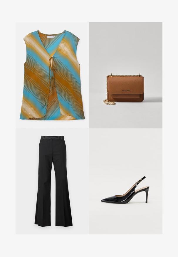 Marga bevandenė liemenė mėlynos, rudos ir kreminės spalvų su bangomis. Turi V formos iškirpimą ir ryšio detalę priekyje.; Juodos plačios kelnės su lygiu audiniu, turinčios vientisą juosmenį ir presa raktus, suteikiančius aptakų įvaizdį.; Juodas lakinės odos slingback batelis su smailiu nosiu, plonu kulnu ir subtiliu išpjovos dizainu. Yra auksinė sagtis ant dirželio.; Ruda tekstūruota odinė per petį nešama rankinė su auksiniu grandininiu dirželiu ir užlenkiamo užsegimo. Priekinėje pusėje yra logotipo detalė ir kišenė po užlenkimu.