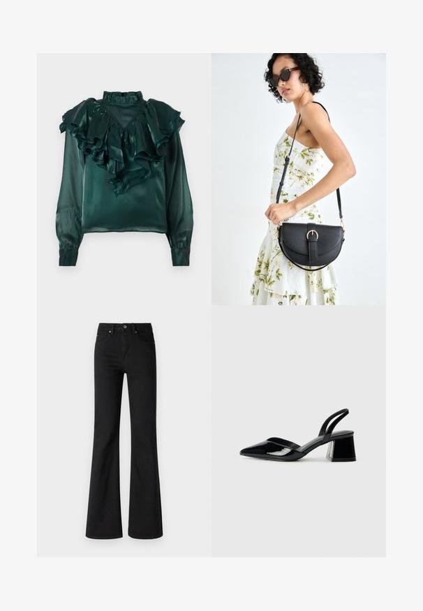 Blusa de cetim verde-água com decote e mangas franzidas. Apresenta um colarinho alto e punhos afunilados, exibindo uma textura suave e brilhante.; Jeans pretos de perna larga feitos de denim com cintura alta, apresentando cinco bolsos, botão frontal e fecho de zíper, textura suave.; Sandy em verniz preto com salto slingback, ponta afilada e salto geométrico. Apresenta um design elegante e minimalista com textura suave.; Bolsa de couro preta com forma curva, alça destacável e detalhes em dourado. A bolsa possui uma aba com detalhe de fivela.