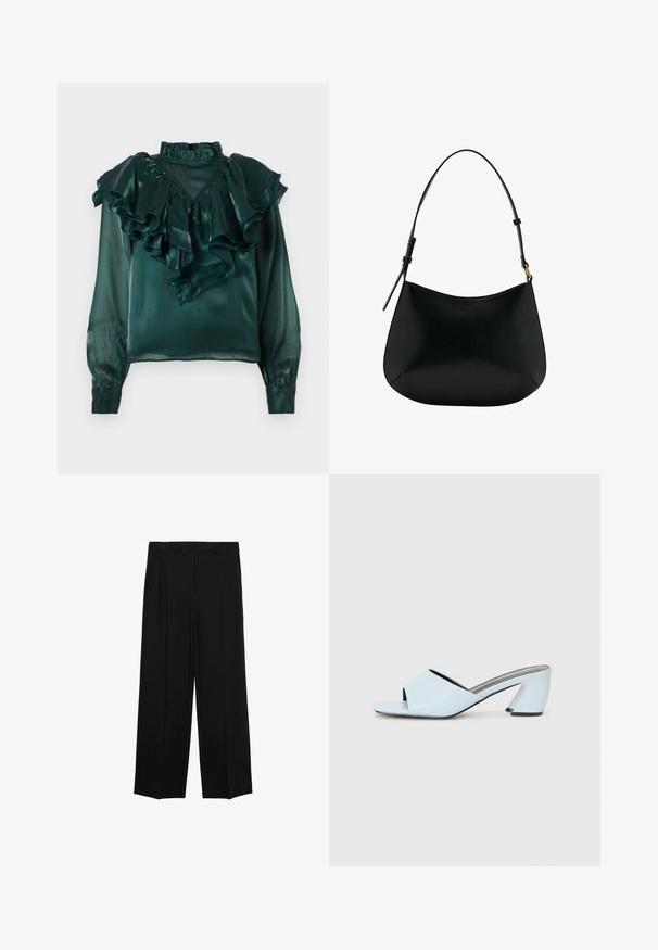 Türkise satinierte Bluse mit gerüschtem Ausschnitt und Ärmeln. Verfügt über einen hohen Kragen und taillierte Manschetten und zeigt eine glatte, glänzende Textur.; Schwarze weit geschnittene Hosen aus glattem Stoff, mit Falten an der Vorderseite und seitlichen Taschen, entworfen in einem geraden, lässigen Schnitt.; Hellblaue offene mules mit Absatz und geometrischem Design, ausgestattet mit einem breiten Riemen über dem Fuß und einem dicken, winkligen Absatz.; Schwarze Ledertasche mit schmalem Design, geschwungener Form und verstellbarem Griff. Verfügt über minimale Nähte und ein schlichtes Design.