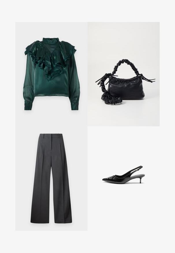 Zaļa satīna blūze ar volāniem ap kaklu un piedurknēm. Iespējo augsto apkakli un sašaurinātus aproces, izceļot gludu, spīdīgu tekstūru.; Platās kājas bikses tumši pelēkā audumā, ar augstu jostasvietu, ar vienu uzpūstu vīli un gludu tekstūru ar tīru apdari ap malām.; Melni ādas sandales ar norādītu pirkstu, mazu kaķa papēdi un dekoratīvu mezglu detaļu priekšā. Gluda tekstūra visā virsmā.; Melnā mākslīgās ādas rokassoma ar krokodila rakstu, savilkta augšdaļa un saburzīta siksna. Izskatās mīksta un kompakta pēc dizaina.