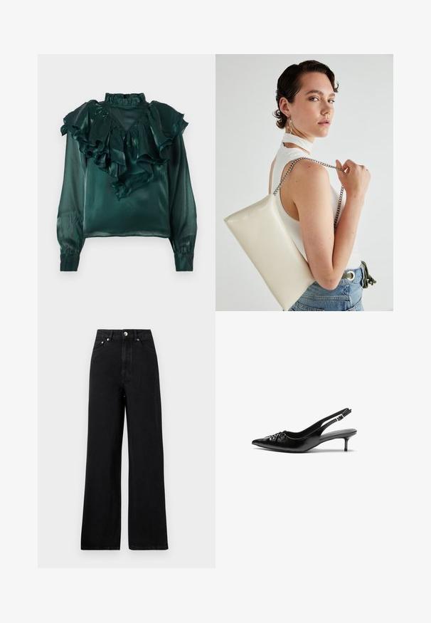 Teal satijnen blouse met gerimpelde halslijn en mouwen. Heeft een hoge kraag en taps toelopende manchetten, en toont een gladde, glanzende textuur.; Hoge taille zwarte denim jeans met een wijd uitlopende pasvorm, voorzien van vijf zakken en accenten in zilverkleurig metaal. Over het geheel een soepele textuur.; Zwarte leren slingback hakken met een spitse neus, kleine kittenhak en een decoratieve knoopdetail aan de voorkant. Smooth textuur overal.; Witte rechthoekige clutch tas gemaakt van glanzend materiaal, met een zilveren kettingband. Model poseert en toont de tas tegen een effen achtergrond.