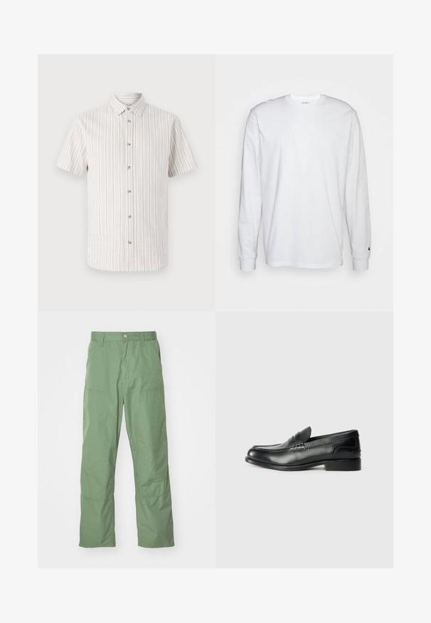 Krátky rukáv košele v svetlo béžovej látke s tenkými vertikálnymi pruhmi. Obsahuje gombíkový golier a predné uzatváranie na päť gombíkov.; Biela dlhá bavlnená tričko s dlhým rukávom. Dizajn s okrúhlym výstrihom a rebrovanými manžetami, malá nášivka na ľavom rukáve. Hladká textura.; Svetlozelené nohavice vo voľnom strihu s hladkým povrchom, so bočnými vreckami a viditeľnými stehmi. Plnej dĺžky s rovný strihom nohavíc.; Čierne kožené loafers s hladkým povrchom, prešívaním cez vampus a mierne vyvýšeným podpätkom.