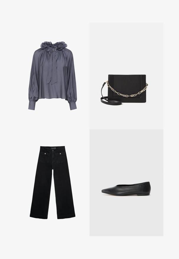 Karen by Simonsen Camicetta - grisaille; Jeans neri a gamba larga con vita alta, dotati di due tasche frontali e dettagli in metallo sui bottoni. Il tessuto ha una texture liscia.; Ballerine in pelle nera, punta affusolata, design minimalista, texture liscia, tacco basso, senza hardware o decorazioni visibili.; Borsa a tracolla nera in pelle con una texture liscia, forma rettangolare e dettaglio in catena metallica sul davanti. Inclusa una tracolla regolabile.