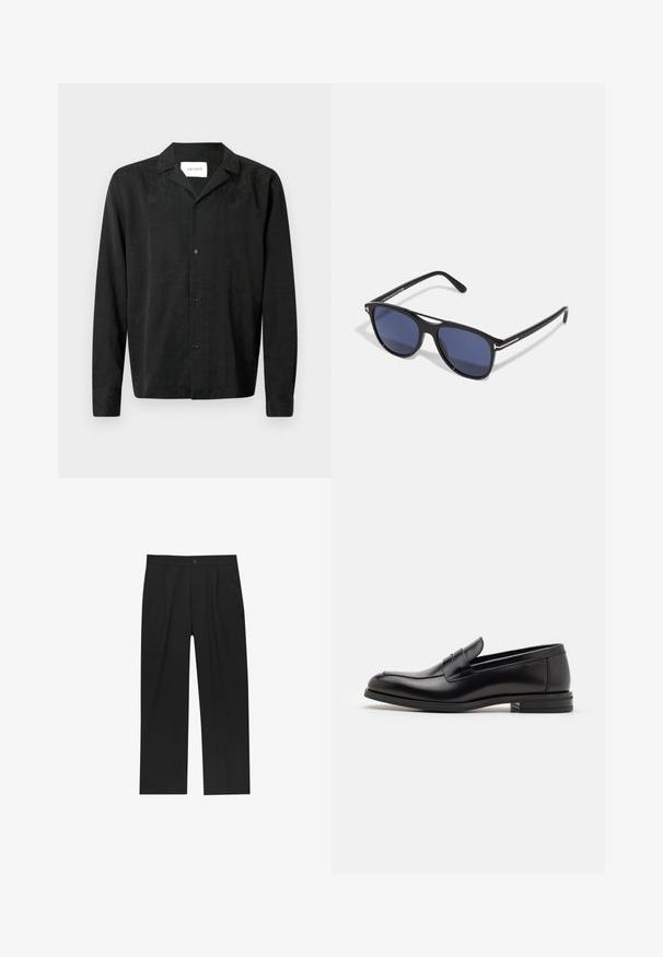 Černá košile na knoflíky s dlouhým rukávem, s jemným paisley vzorem a límečkem, s nápisem Les Deux uvnitř límce.; Černé kalhoty s rovnými nohavicemi, vyrobené z hladké tkaniny. Mají přední záhyby a jedno knoflíkové zapínání v pase.; Černé kožené polobotky s hladkou texturou, zaoblenou špičkou a zdobným páskem přes nárt. Nízký stohovaný podpatek, minimalistický design.; Sluneční brýle s černým plastovým rámem, modrými tónovanými skly, mírně zaobleným tvarem a stříbrnými kovovými akcenty na spáncích.