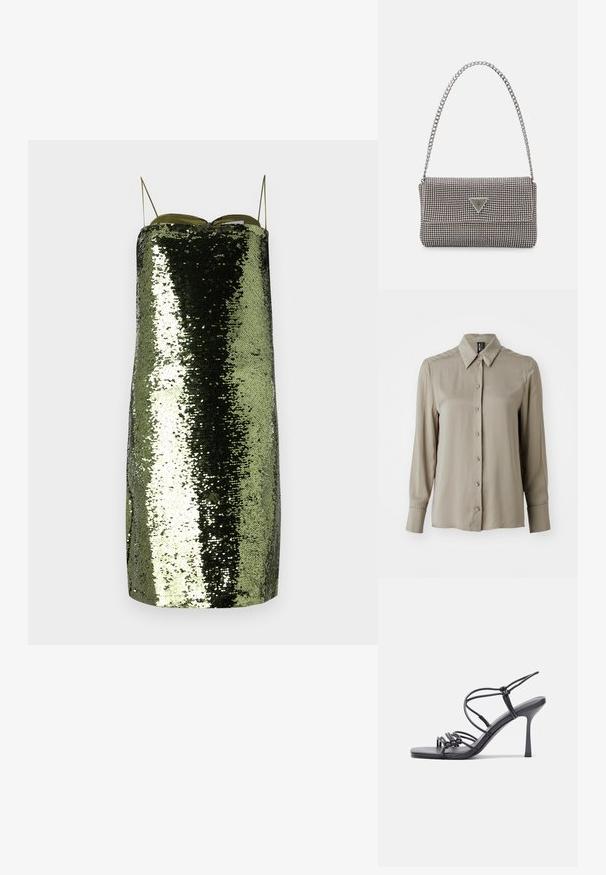 Langarmshirt in gedempt beige, met een knoopsluiting aan de voorkant en een klassieke kraag. Gladde stof met een lichte glans en een getailleerde pasvorm.; Groene sequin jurk met een rechte snit, dunne verstelbare bandjes, gekenmerkt door een reflecterende textuur en een slanke silhouet.; Zwarte hoge hakken sandaaltjes hebben dunne banden met een geknoopt ontwerp, een gladde vierkante neus en een elegante stiletto-hak.; Lichtgrijze metallic handtas met een kettingriem, versierd met kleine ronde metallic studs en een driehoekig merkimago.