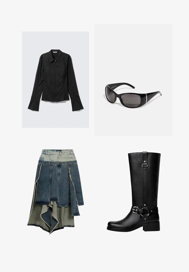 Svart långärmad damjacka med frontdragkedja, breda ärmslut och krage, liggande platt på en ljusgrå bakgrund.; Jeanskjol med ett lapptäckesdesign i olika nyanser av blått och grönt, fransade kanter, asymmetrisk fåll och flera paneler.; Höga svarta låtsasläderstövlar med rund tå, accentdetalj i form av spänne och en kraftig klack. Slät textur och vertikal söm på skaftet.; Svarta solglasögon med glänsande plastbågar, gradientgrå linser och silverfärgade accenter på sidorna. Elegant, böjd design.; Desigual Handväska - black
