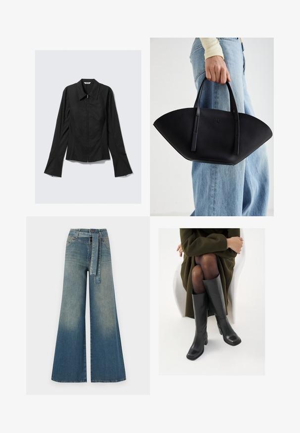 Veste noire à manches longues pour femmes avec fermeture éclair sur le devant, poignets larges et col, posée à plat sur un fond gris clair.; Pantalons en denim à jambe large présentant un dégradé de bleu clair à bleu foncé, taille haute, passants de ceinture et une ceinture en tissu assortie. Finition en denim texturé.; Bottes en cuir noires arrivant au genou, avec un bout carré et un talon carré, présentées sur un modèle assis dans un manteau vert olive. Texture lisse, détails minimaux.; Sac à main en cuir noir avec une forme de éventail unique, doté de poignées plates. La surface présente une texture granuleuse et un design minimaliste.