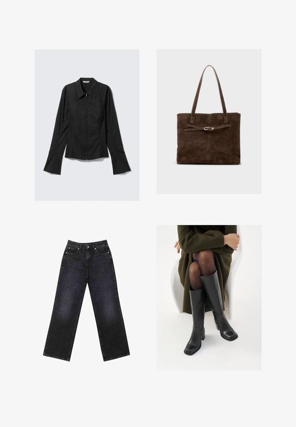 Schwarze Damenjacke mit langen Ärmeln, Frontreißverschluss, breiten Manschetten und einem Kragen, flach auf einem hellgrauen Hintergrund ausgelegt.; Hoch taillierte schwarze Jeans aus Denim mit weitem Bein, Fünf-Taschen-Design und sichtbaren Nähten. Der Stoff hat eine glatte, leicht strukturierte Oberfläche.; Knöchelhöhe schwarze Lederstiefel mit quadrater Spitze und Blockabsatz, gezeigt mit einem Modell, das einen olivgrünen Mantel trägt. Glatte Textur, minimale Details.; Braune Wildleder-Tote-Bag mit langen Griffen, flachem Körper und einem dekorativen Riemen mit silberfarbener Hardware.