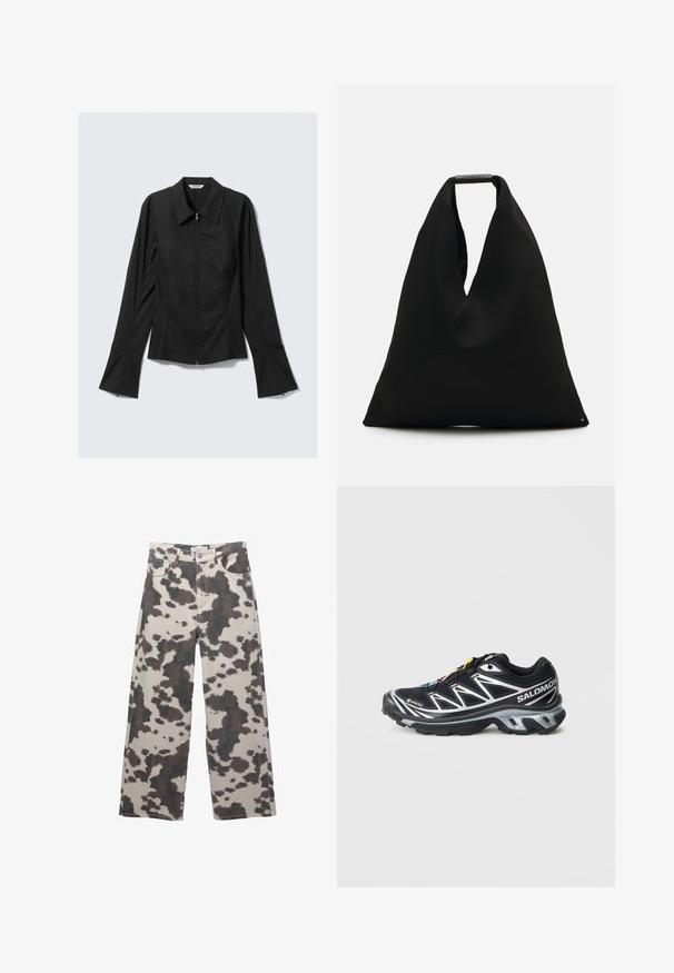 Musta pitkähihainen naisten takki, jossa on edessä vetoketju, leveät hihansuut ja kaulus, asetettuna tasaiseksi vaaleanharmaata taustaa vasten.; Beige väriset, laajaravintoiset farkut, joissa on ruskeat lehmätulostetut kuviot. Varustettu napilla suljettavalla vyötäröllä ja viidellä taskulla. Valmistettu farkkukankaasta.; Musta juoksukenkä, jossa on hopeisia yksityiskohtia, GORE-TEX-materiaalia, teksturoitu pohja ja värikkäät nauhat. Sisältää pehmustetun kantapään tukemiseen.; Mustat kangasnaisikkat, joissa on ainutlaatuinen V-muotoinen muotoilu ja sileä pinta. Varustettu lyhyellä kahvalla, jossa on minimalistinen metallikoriste.