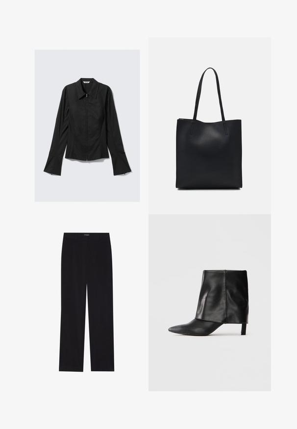 Veste noire à manches longues pour femmes avec fermeture éclair sur le devant, poignets larges et col, posée à plat sur un fond gris clair.; Pantalon en velours côtelé noir avec une coupe droite, doté d'une taille plate et sans poches visibles, texture lisse et détail en côtes verticales.; Botte noire en cuir mi-mollet avec bout pointu, tige supérieure repliée et petit talon élancé, se tenant sur fond blanc.; Sac fourre-tout en cuir noir avec une texture lisse, de forme rectangulaire et deux longues poignées. Pas de matériel ou d'ornementations visibles.