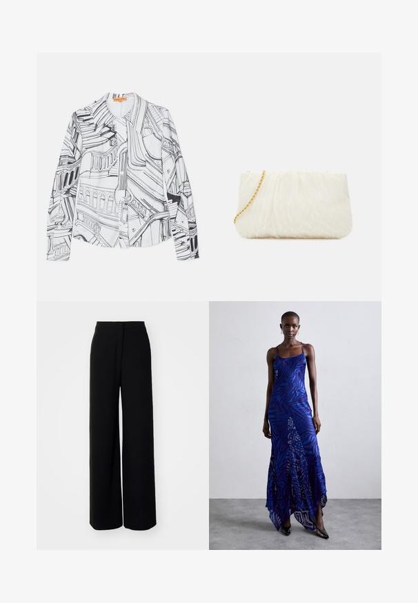 Bílá košile s dlouhým rukávem, která obsahuje černý tištěný motiv architektonických prvků, s knoflíkovým zapínáním a klasickým límečkem.; Černé kalhoty s širokým střihem a vysokým pasem, hladká látka, přední zapínání na knoflík a bez viditelných kapes, s příjemným střihem.; Modré a fialové maxi šaty s potiskem zvířecí srsti, tenkými ramínky, přiléhavým živůtkem, rozšířeným spodním lemem a průhlednými detaily.; Bílá texturovaná kabelka s uloženým designem, vybavená zlatým řetízkem. Hladký povrch s jemnými vlnami a zaoblenými okraji.