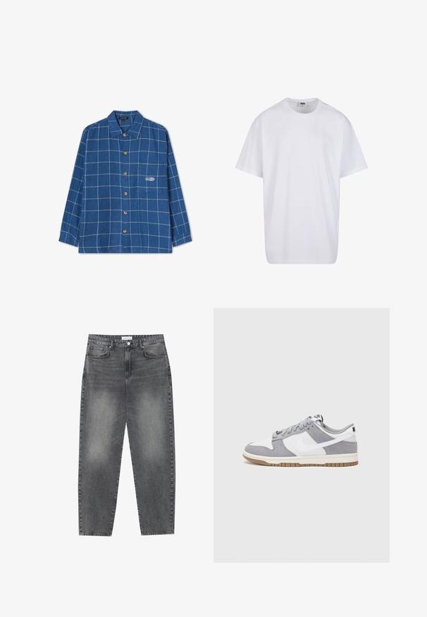 Mėlynas patikrintas flanelinis marškinis su ilgomis rankovėmis, mygtukų uždarymu, smailiu apykaklės dizainu ir mažą logotipą ant krūtinės kišenės.; Balta medvilninė marškinėlių užsagėlė su trumpomis rankovėmis, apvaliu kaklu, laisva forma ir be matomų logotipų ar raštų. Lygi tekstūra ir minimalus dizainas.; Aukštai juosmeniu, laisvai krentančios džinsai iš blukusių juodų džinsų. Savybės: penki kišenės, diržo kilpos ir švari, tiesi kojų dizainas.; Pilka ir balta sportinė avalynė su zomšiniu ir odiniu viršumi, suapvalintu pirštu, plokščiomis raištelėmis ir guminėmis padais su guminiu akcentu.