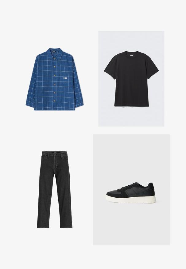Camicia di flanella a quadri blu con maniche lunghe, chiusura con bottoni, colletto a punta e un piccolo logo sulla tasca del petto.; T-shirt nero a maniche corte in cotone. Presenta un collo a giro e una vestibilità comoda. Design semplice senza motivi o dettagli visibili.; Jeans in denim nero con un design a gamba dritta, dotati di zip, passanti per cintura e sei tasche, realizzati in un resistente tessuto misto cotone.; Sneaker nera bassa con pelle texture e pannelli in suede, suola in gomma bianca e lacci neri su uno sfondo chiaro e semplice.