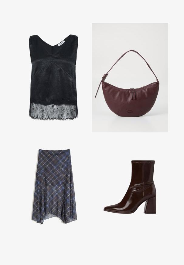 Schwarzes ärmelloses Top aus strukturiertem Material mit einem V-Ausschnitt und einem Spitzensaum mit floralen Mustern. Ausfransungen am unteren Rand.; Schwarzer Karorock mit blauen und braunen Linien, fließendes Design, knielang, aus leichtem Stoff mit glatter Textur.; Braune Lackleder-Stiefelette mit spitzem Zehenbereich, elastischem Knöchel und blockartigem Absatz. Elegantes Design mit glatter Textur.; Bordeauxfarbene Lederhandtasche mit geschwungenem Design, ausgestattet mit einem Reißverschluss, zwei Reißverschlussanhängern und einem kurzen Schultergurt. Details umfassen ein geprägtes Logo.