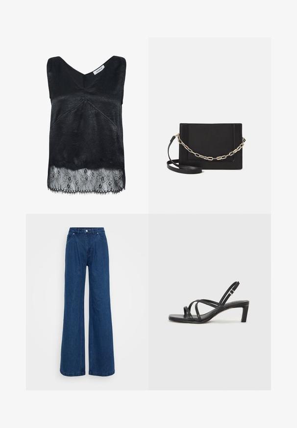 Juodas be rankovių viršus su tekstūruotu audiniu, pasižymintis V formos dekolte ir nėrinių apdaila su gėlių raštais. Išvagoti kraštai apačioje.; Mėlynos plačios džinsinio audinio kelnės su aukšta juosmens linija, priekyje mygtukas ir užtrauktukas, bei priekinės ir užpakalinės kišenės prieš paprastą foną.; Juodi šlepetės su kvadratiniu pirštu ir žemu bloku kulnu. Yra keli ploni dirželiai ir reguliuojamas kulkšnies diržas. Pagaminti iš lygios odos.; Juodas odinis per petį nešiojamas krepšys turi lygų paviršių, stačiakampio formą ir metalinę grandinėlę priekyje. Pridedama reguliuojama dirželis.