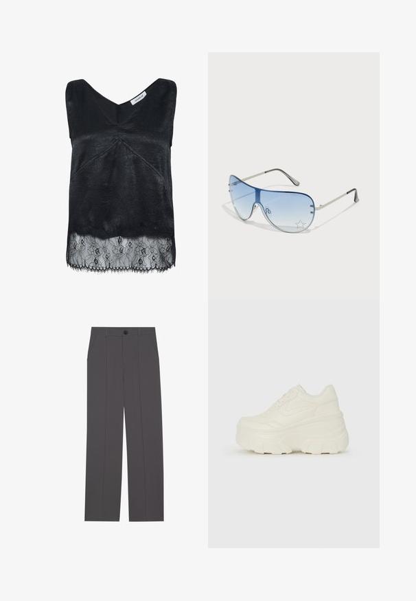 Must päikese käe lühikeste varrukatega must ülaosa, millel on tekstureeritud kangas, V-kaeluse disain ja pitsäär, millel on lillemustrid. Alumised servad on kulunud.; Hallid hallid püksid otse jala lõikega, millel on kaks küljetaskut ja nööbisahtel. Sile kangas ilma nähtavate mustrite või aktsentideta.; Valged platvormi tõusukingad, millel on siledast nahast meenutav pealis, ümar kuju, pehmendatud kaelus ja tekstureeritud kummitald koos selgete hüdrofoobsete mustritega.; Aviatori prillid, millel on gradient sinine objektiiv, hõbedane metallraam ja dekoratiivsed staaraktsendid objektiivil. Sujuv ja stiilne disain.