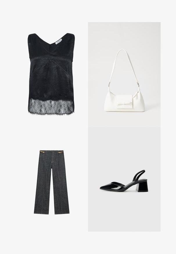 Zwarte mouwloze top van een textuurstof, met een v-hals ontwerp en een kantafwerking met bloemmotieven. Gerafelde randen aan de onderkant.; Donkergewassen denimwijdpijpbroek met een hoge taille. Kenmerken zijn zichtbare stiksels, een knoopsluiting en een unieke kettingaccent aan de taille.; Zwarte gepatineerde leren slingback hakken met een spitse neus en een geometrische blokhak. Kenmerkt zich door een slank, minimalistisch ontwerp en een gladde textuur.; Witte synthetische handtas met een driehoekige vorm, platte voorklep en strikdetail, verstelbare schouderriem, gladde textuur en minimalistisch ontwerp.