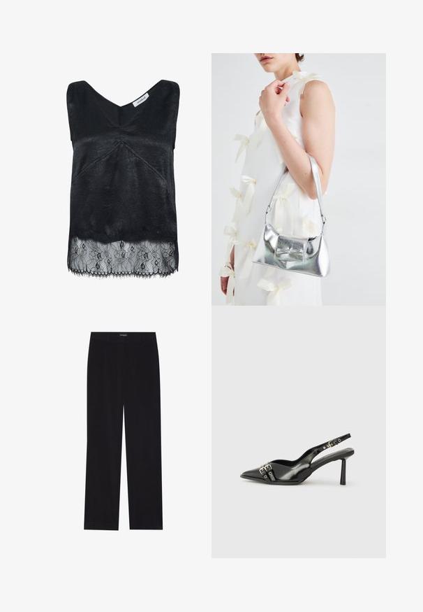 Crni bezrukavni top od teksturirane tkanine s dekolteom u obliku slova V i čipkastim rubom s cvjetnim uzorkom. Izgrizeni rubovi na dnu.; Crne korduroy hlače ravnog kroja, s ravnim pojasom i bez vidljivih džepova, glatke teksture i detaljima vertikalnih rebrastih uzoraka.; Crna lakirana slingback cipela s izduženim vrhom, remenčićima oko gležnja s srebrnim kopčama i dijelovima, te vitkim potplatom.; Srebrna metalik torbica sa strukturiranim oblikom, s gornjom drškom i detaljem mašne sprijeda. Glatka tekstura, reflektirajući finiš.; Srebrne naušnice u obliku srca imaju fasetirane prozirne kamenčiće, s teksturiranim okvirom. Set uključuje naušnice na dugme i viseće stilove.