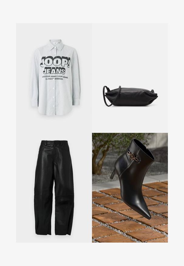 Gestreiftes Hemd zum Knöpfen aus hellblau-weißem Stoff. Auf der Vorderseite befindet sich ein auffälliges schwarzes Logo "JOOP! JEANS" und das Hemd hat lange Ärmel.; Schwarze Lederhose mit lockerer Passform, geradem Bein, Fronttaschen und sichtbaren Nähten.; Schwarze Leder-Ankle-Boots mit spitzem Zehen und kleinem Absatz. Mit einem goldenen Kettenakzent am Knöchel. Umgeben von einer strukturierten Steoberfläche.; Schwarze Leder-Clutch mit rechteckiger Form, glatter Textur, dünnem Schulterriemen und minimalistischer Gestaltung.