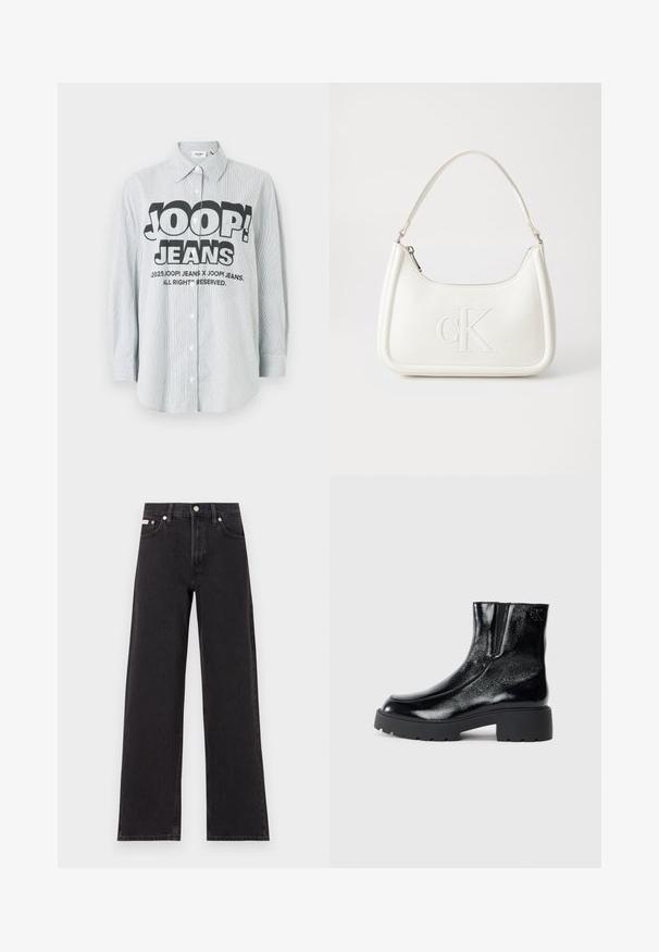 Striped button-up shirt in light blue and white fabric. Features a bold black logo "JOOP! JEANS" on the front, with long sleeves.; Black wide-leg jeans made of denim, featuring a high-rise waist, five-pocket styling, and a metal button closure with contrasting stitching.; Black ankle boots with a glossy patent leather finish, chunky black rubber sole, and raised heel; includes subtle logo detail on the side.; White leather handbag with a curved shape, featuring an embossed "CK" logo on the front and a single shoulder strap. Zipper closure at top.