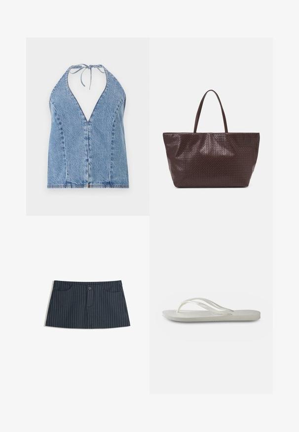 Világoskék farmerpántos felső. Mély V-kivágással, nyitott hátsó résszel és nyakkendővel rendelkezik. Sima textúrájú, finom varrási részletekkel.; Tengerészkék csíkos mini szoknya elülső zsebekkel és egyetlen gombos záródással a deréknál.; Fehér flip-flop, textúrált talppal, vékony pántokkal és lapos kialakítással. Gumi anyagból készült, finom logóval a talprészén.; Barna szövött bőr táska két fogantyúval, strukturált formával és texturált felülettel, kiemelkedő gyémántmintával.