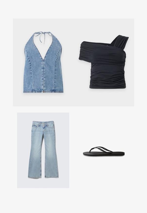 Denim halter top u svijetlop plavoj boji. Ima duboki V-izrez, otvoren leđa i vezivanje oko vrata. Glatka tekstura s suptilnim detaljima šivanja.; Crna bluzica bez naramenica napravljena od mekog, rastezljivog materijala, sa nabranim detaljima i širokim remenom s jedne strane.; Weekday NOVA - Traperice uskog kroja - lip blue; Crne japanke s teksturiranom gumenenom potplatom, dva uska remena i suptilnim, urezanim logom na remenu.